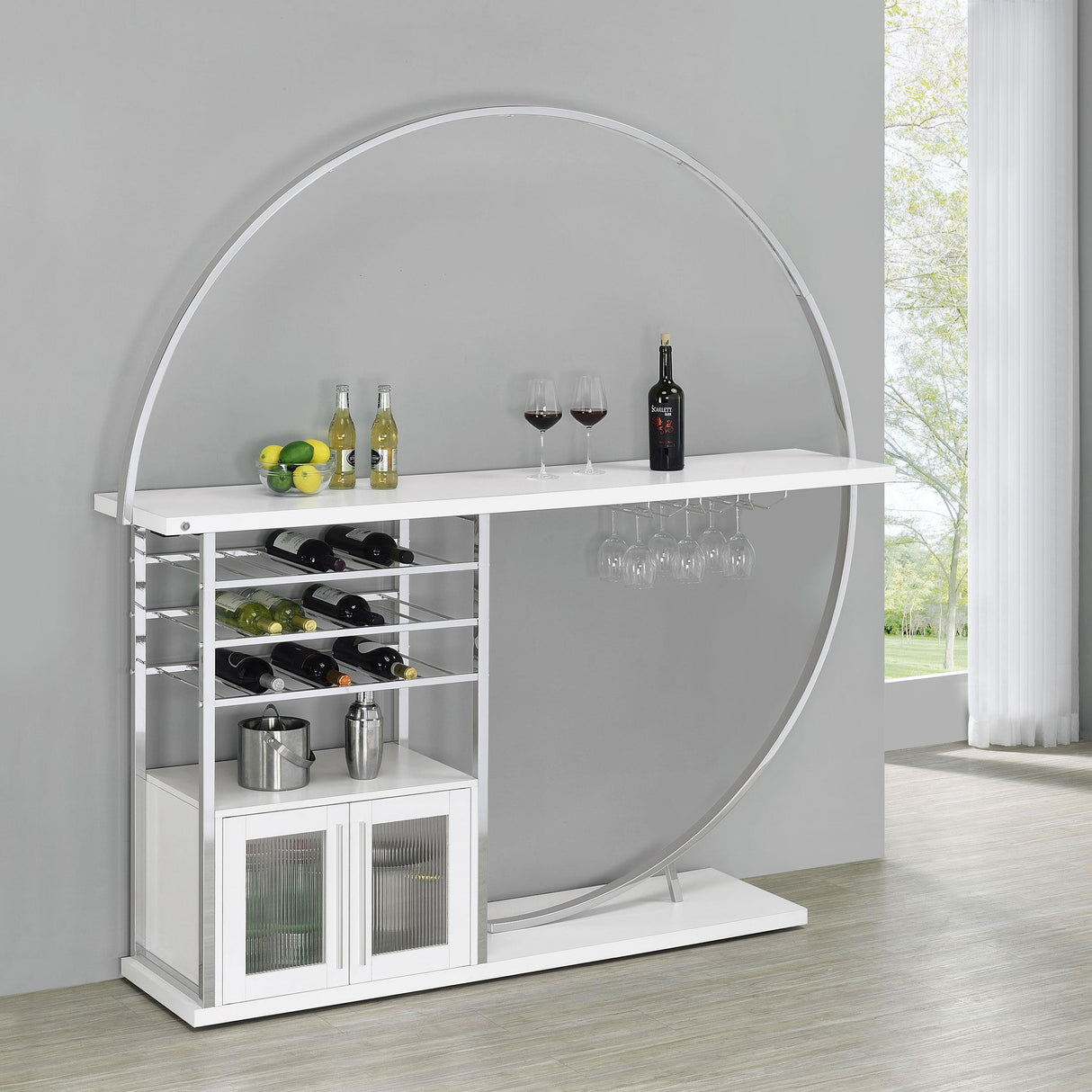 Coaster Risley 2-door Circular LED Home Bar Cabinet White High Gloss