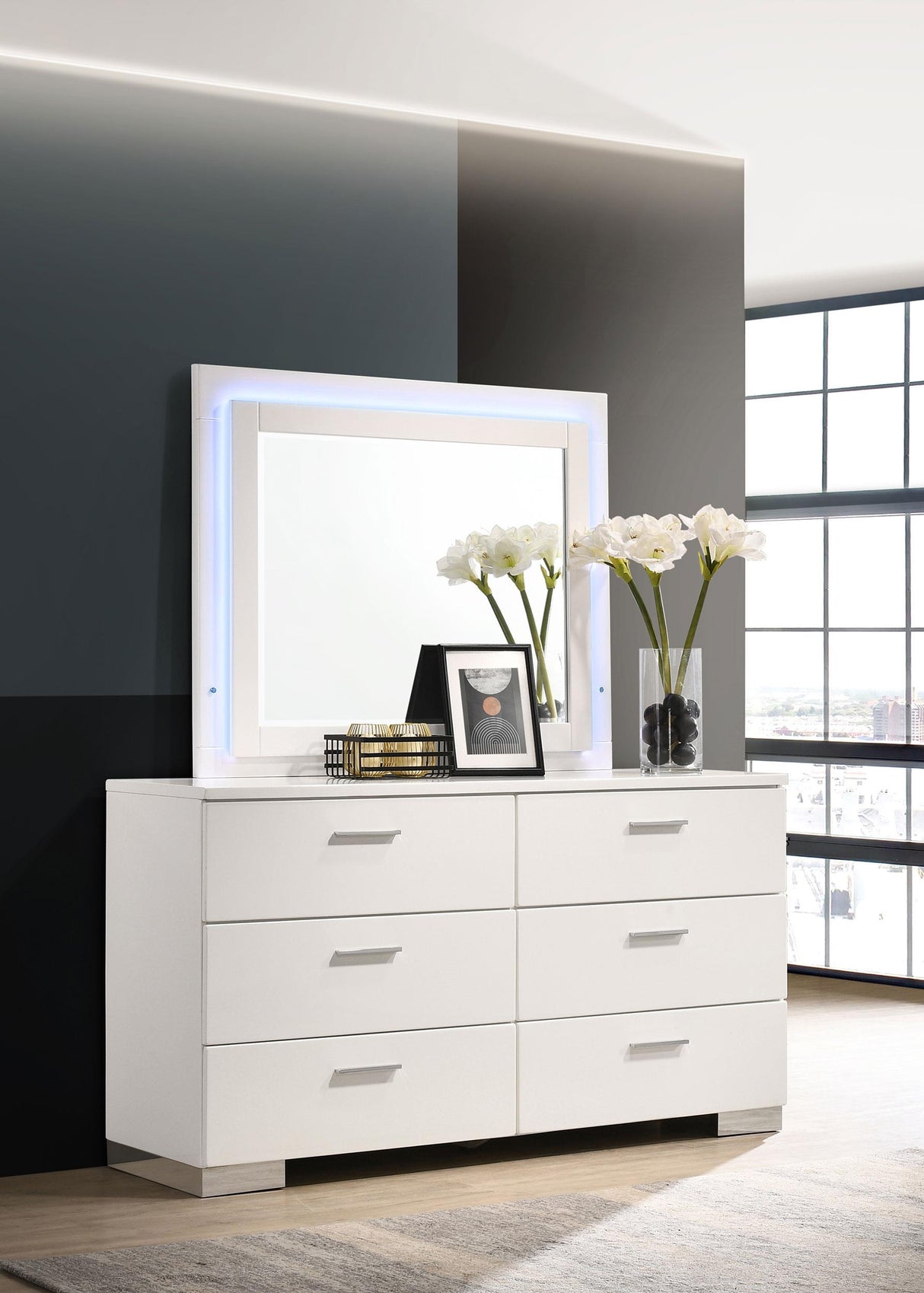 Coaster Felicity 6-drawer Dresser with LED Mirror White High Gloss