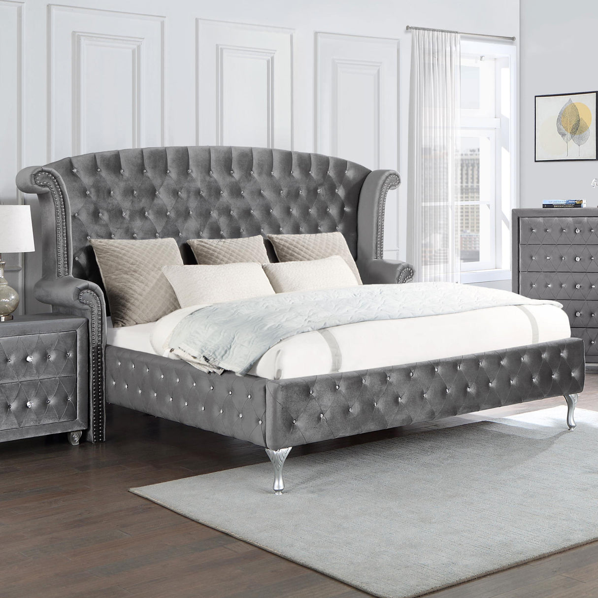 Coaster Deanna Upholstered Queen Wingback Bed Grey