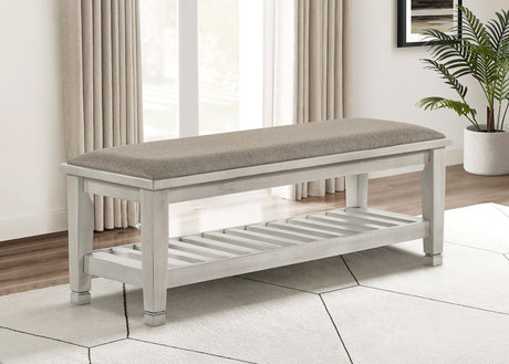 Coaster Franco Fabric Upholstered Bench with Shelf Distressed White