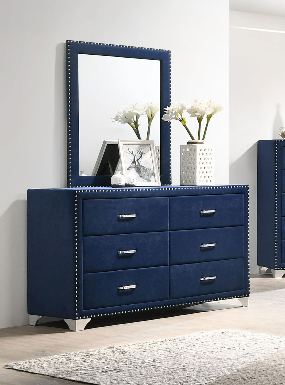 Coaster Melody 6-drawer Upholstered Dresser with Mirror Pacific Blue