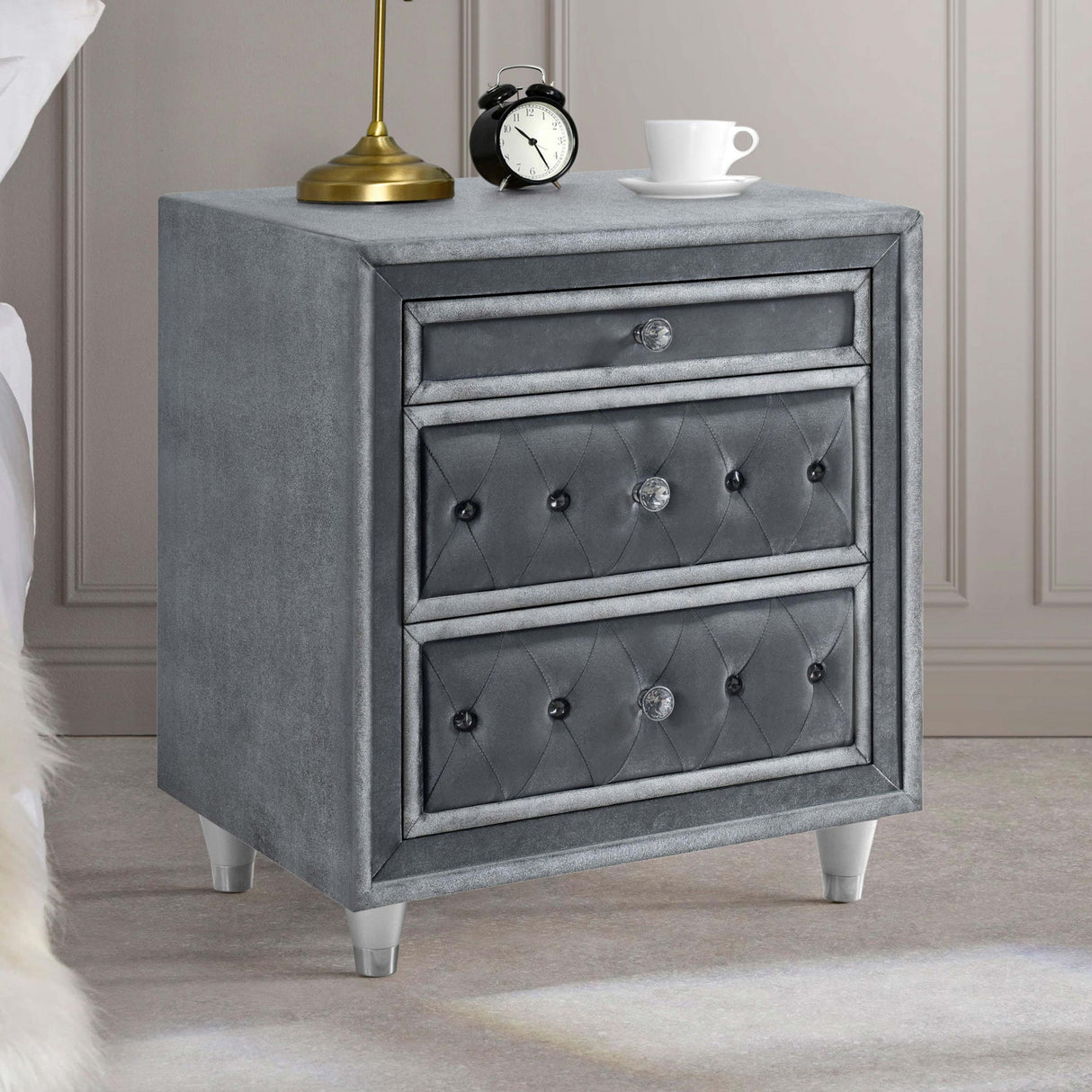 Coaster Antonella Upholstered 3-drawer Nightstand Grey