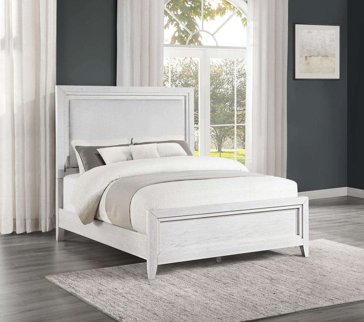 Coaster Marielle Eastern King Upholstered Panel Bed Distressed White