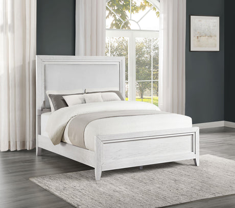 Coaster Marielle Eastern King Upholstered Panel Bed Distressed White