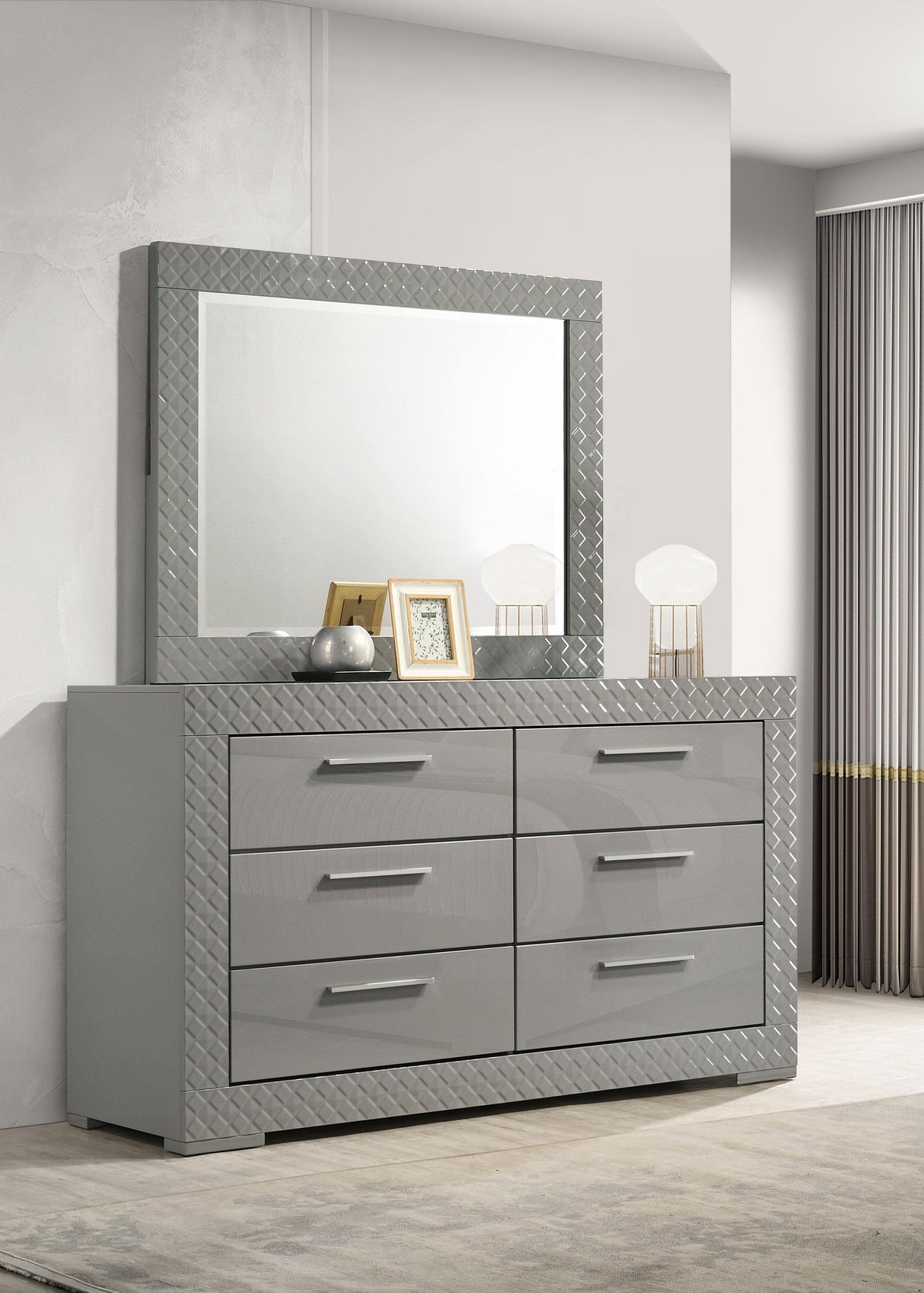 Coaster Ives 6-drawer Dresser and Mirror Grey High Gloss