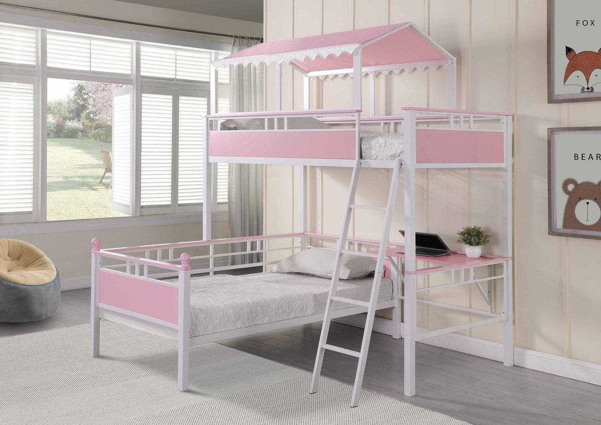 Coaster Alexia Twin Over Twin Workstation Bunk Bed Pink and White