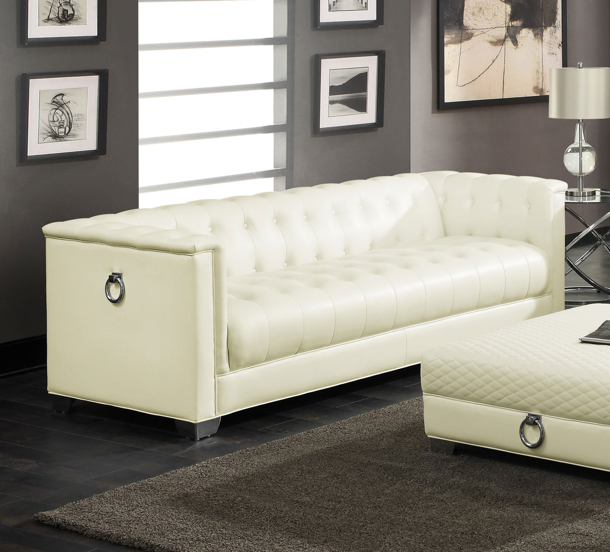 Chaviano Upholstered Track Arm Sofa Set Pearl White