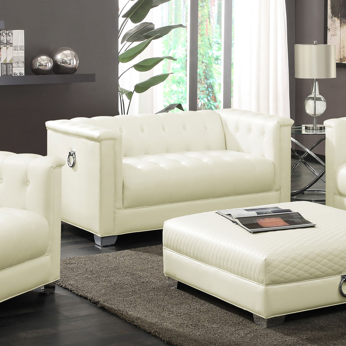 Chaviano Upholstered Track Arm Sofa Set Pearl White