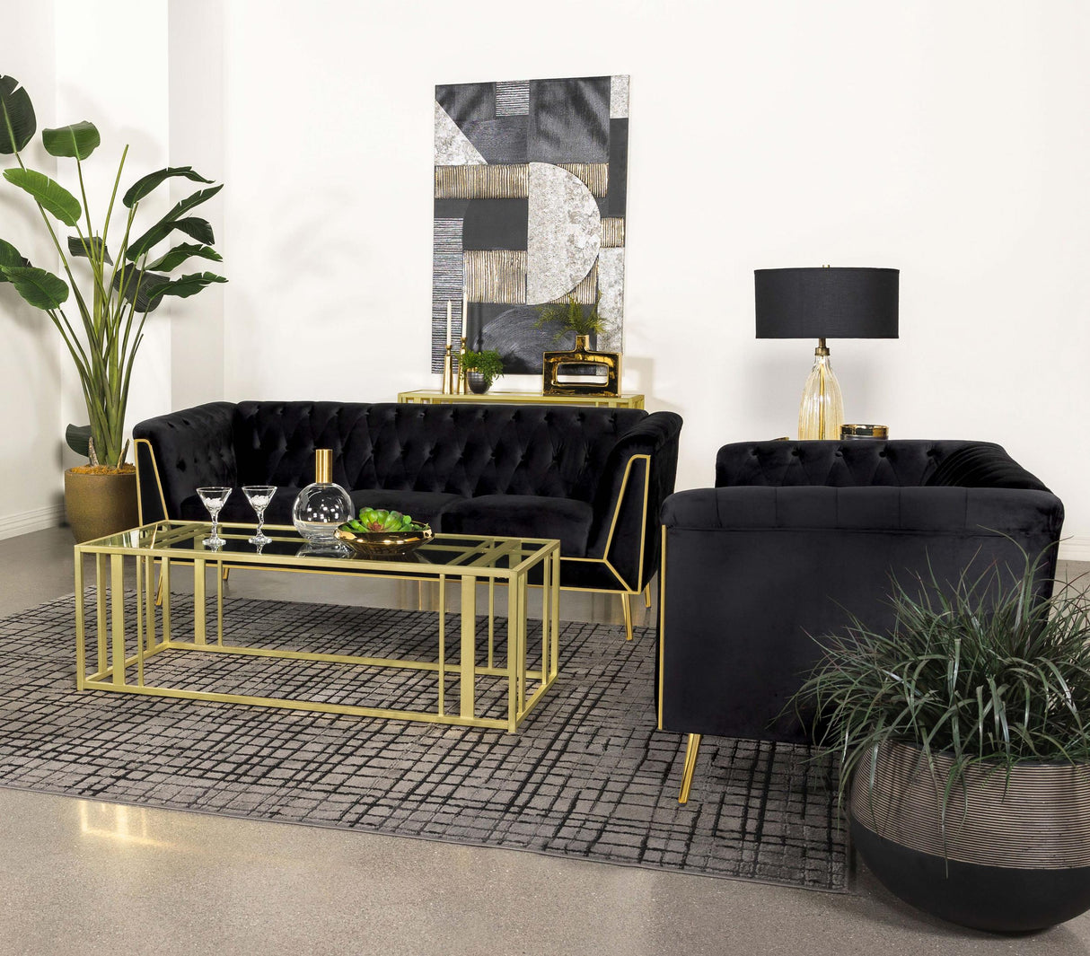 Coaster Holly 2-piece Upholstered Tuxedo Arm Tufted Sofa Set Black