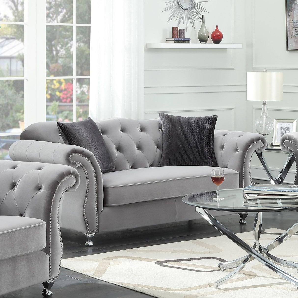 Coaster Frostine Upholstered Rolled Arm Tufted Loveseat Silver