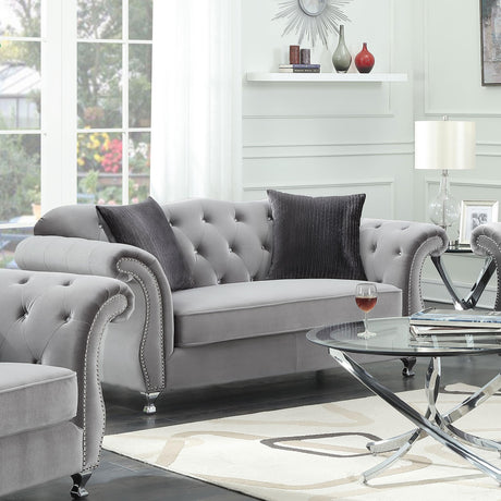 Coaster Frostine Upholstered Rolled Arm Tufted Loveseat Silver
