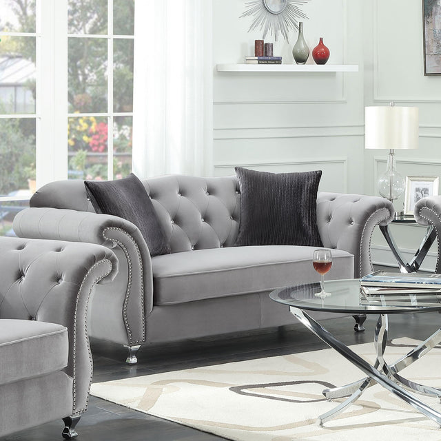 Coaster Frostine Upholstered Rolled Arm Tufted Loveseat Silver