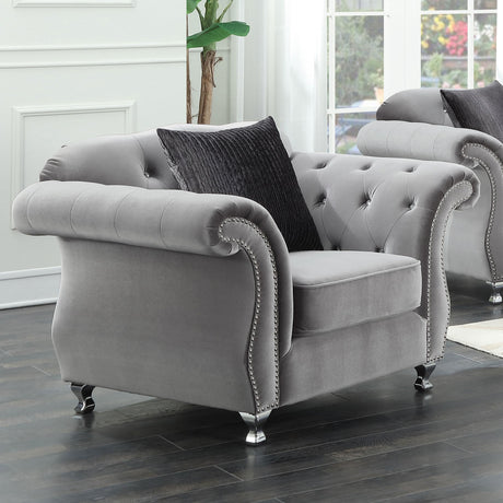 Coaster Frostine Upholstered Rolled Arm Tufted Accent Chair Silver