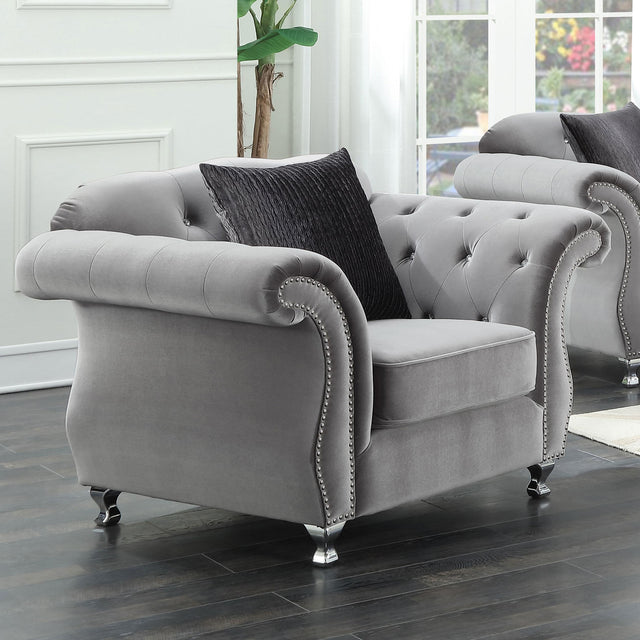 Coaster Frostine Upholstered Rolled Arm Tufted Accent Chair Silver