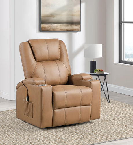 Coaster Armstrong Upholstered Power Lift Massage Recliner Camel