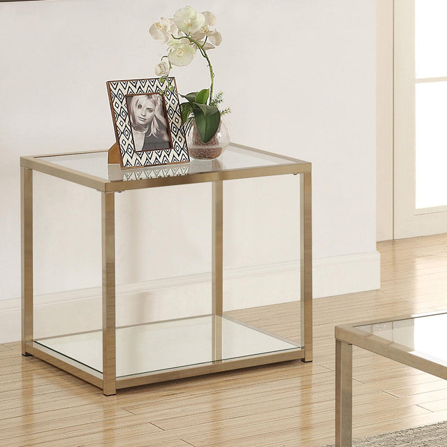 Coaster Cora Glass Top End Table Mirrored Shelf Chocolate Chrome