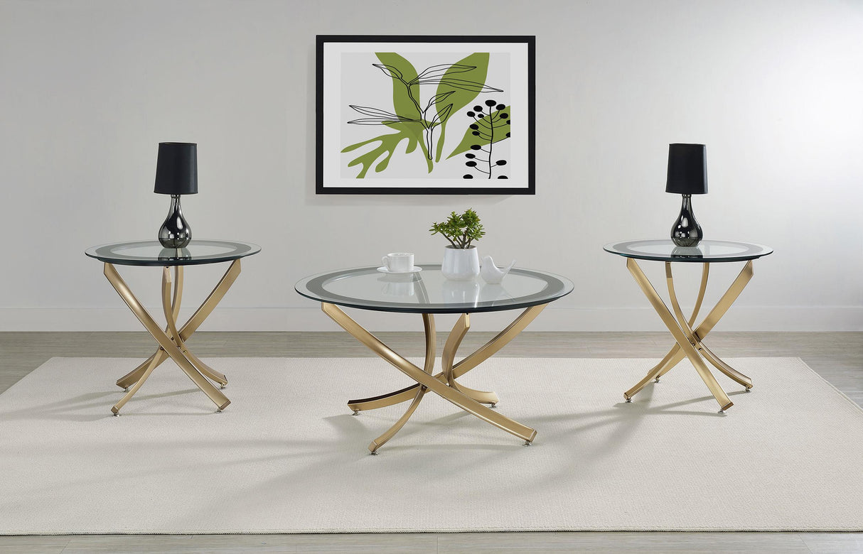 Coaster Brooke 3-piece Round Glass Top Coffee Table Set Brass