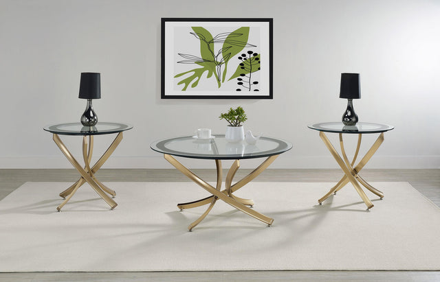 Coaster Brooke 3-piece Round Glass Top Coffee Table Set Brass