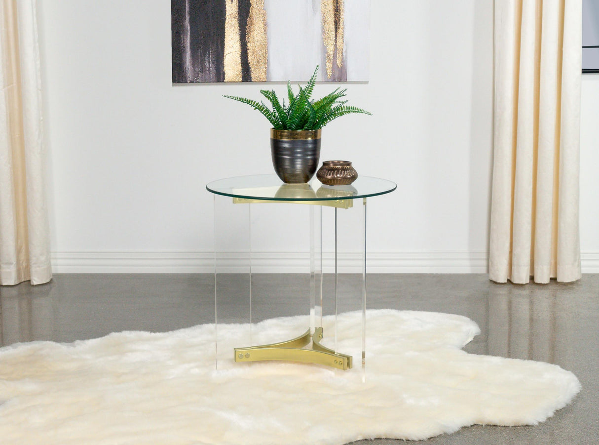 Coaster Janessa Round Glass Top Acrylic Leg End Table Matte Brass
