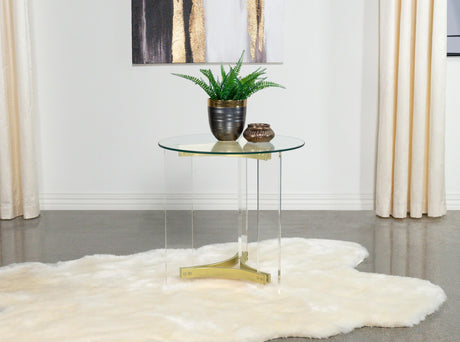 Coaster Janessa Round Glass Top Acrylic Leg End Table Matte Brass