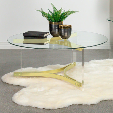 Coaster Janessa Round Glass Top Acrylic Leg Coffee Table Matte Brass