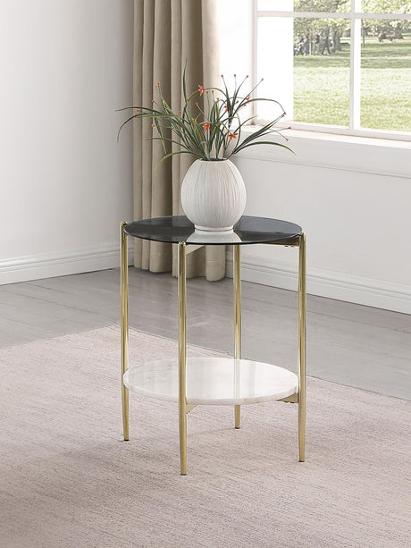 Coaster Jonelle Round Glass Top End Table White Marble Shelf Gold