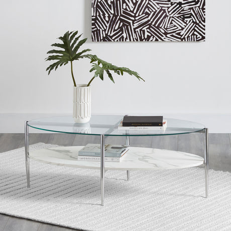 Coaster Cadee Oval Glass Top Coffee Table White and Chrome