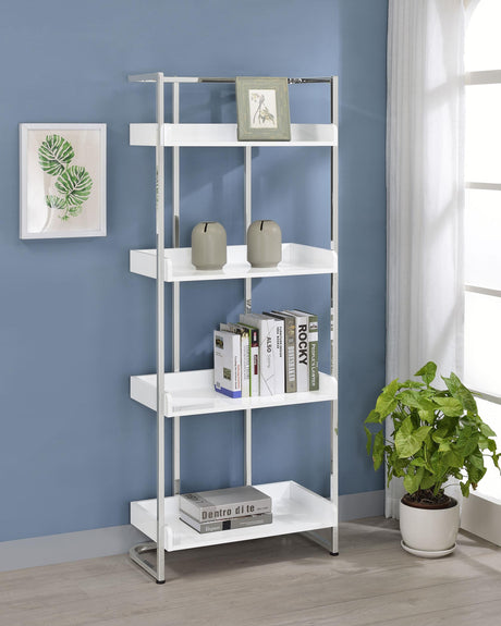 Coaster Ember 68-inch 4-shelf Bookshelf White High Gloss and Chrome