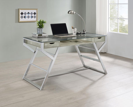 Coaster Emelle 56-inch Glass Top Writing Desk Grey Driftwood