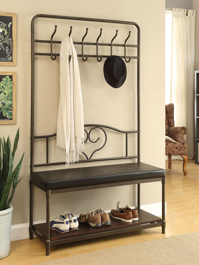Coaster Francesca 6 Hook Coat Rack Hall Tree Shoe Bench Dark Bronze