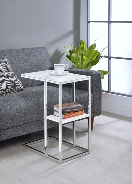 Coaster Daisy Glass Top C-Shaped Sofa Side Table White and Chrome
