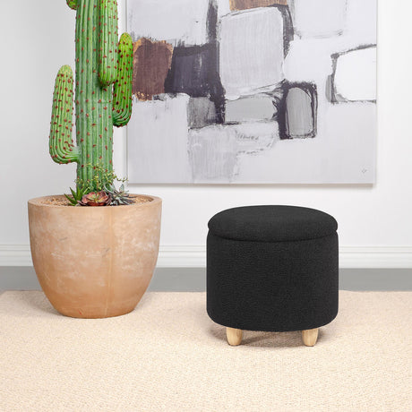 Coaster Valia Faux Sheepskin Upholstered Round Storage Ottoman Black