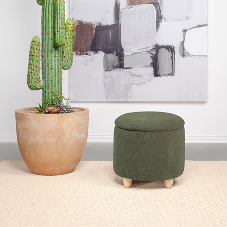Coaster Valia Faux Sheepskin Upholstered Round Storage Ottoman Green