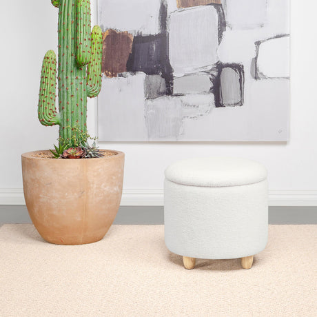 Coaster Valia Faux Sheepskin Upholstered Round Storage Ottoman Ivory