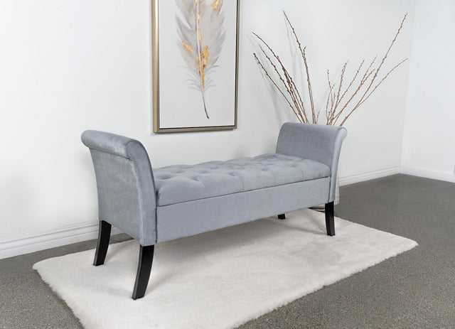 Coaster Farrah Velvet Upholstered Rolled Arm Storage Bench Silver