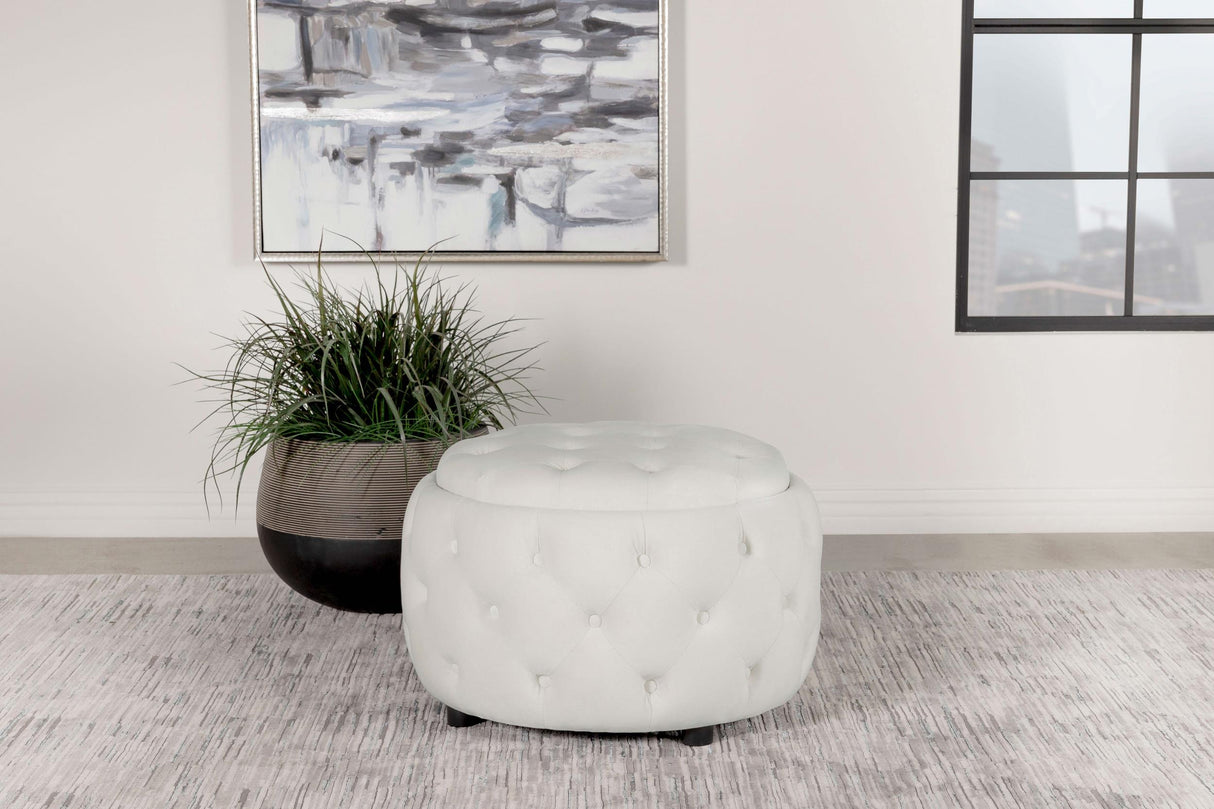 Coaster Angelina Round Upholstered Storage Ottoman Pearl