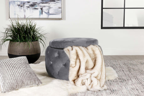 Coaster Angelina Round Upholstered Storage Ottoman Steel Grey