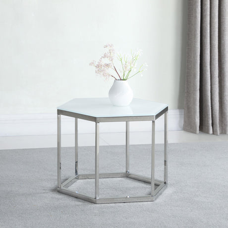 Coaster Hexagon Glass Top Accent Table White and Silver