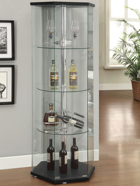 Coaster Zahavah 4-shelf Hexagonal Clear Glass Curio Cabinet Black