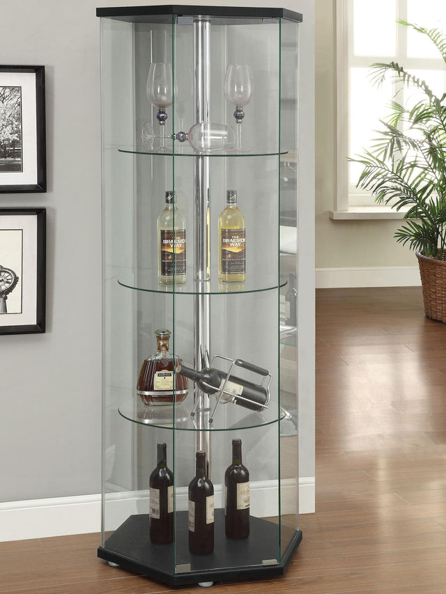 Coaster Zahavah 4-shelf Hexagonal Clear Glass Curio Cabinet Black