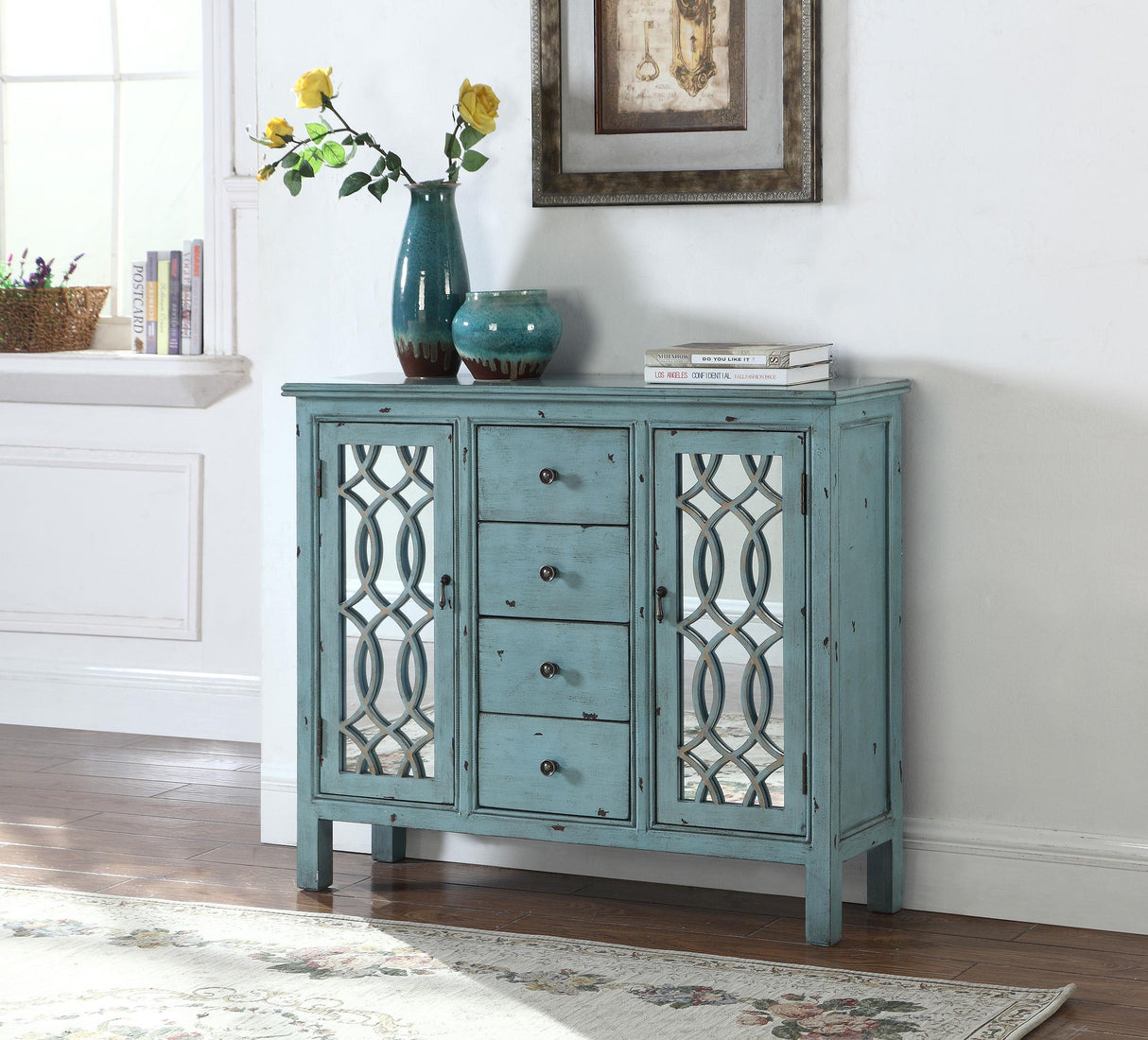 Coaster Rue 4-drawer Wood Trellis Accent Storage Cabinet Blue