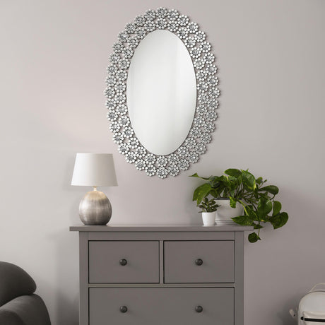 Coaster Colleen 31 x 47 Inch Oval Wall Mirror Crystal Flowers Silver