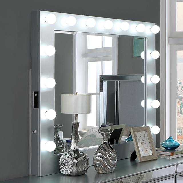 Furniture of America Belladonna Mirror w/ USB, Power, Light, Silver