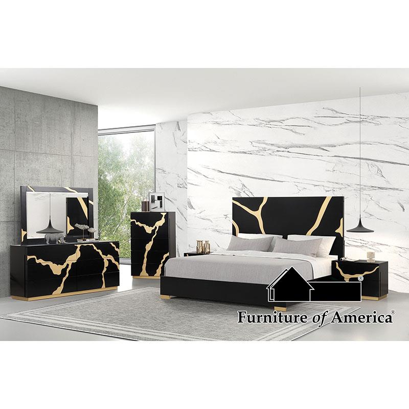 Furniture of America Goldsberg Queen Bed w/ Gold Trim, Black/Gold