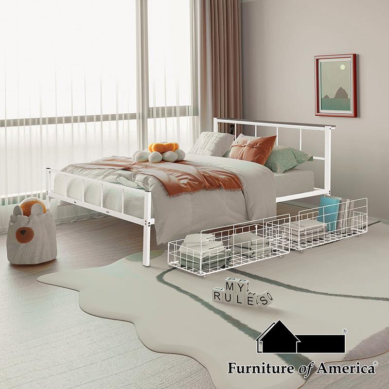 Furniture of America Nicoli Queen Metal Bed w/ Storage, White